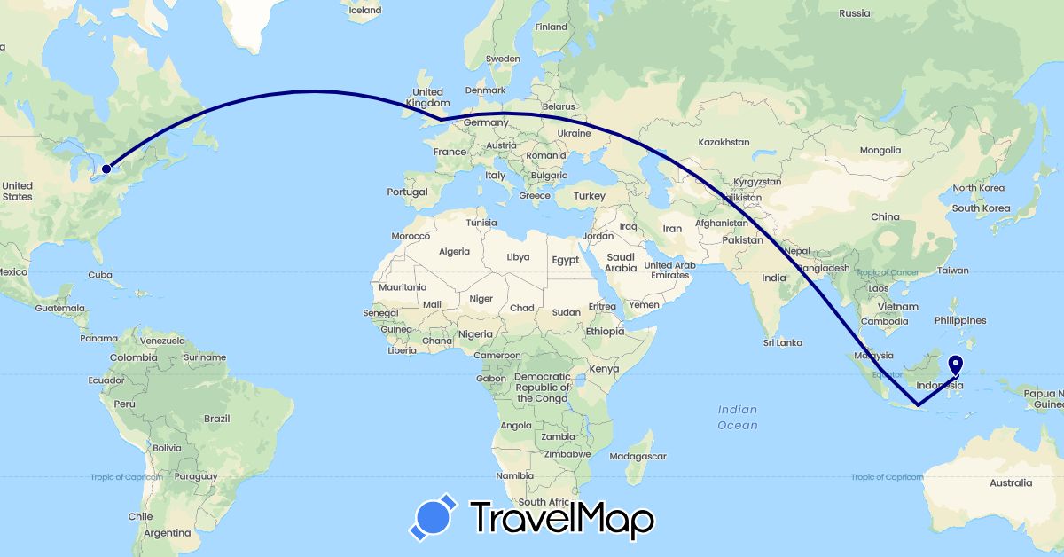 TravelMap itinerary: driving in Canada, United Kingdom, Indonesia, Singapore (Asia, Europe, North America)